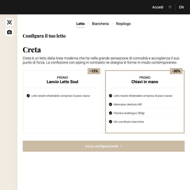 Immagine opzioni Configuratore 3D per Altrenotti presenta descrizione letto Creta che descrive visivamente il caso studio