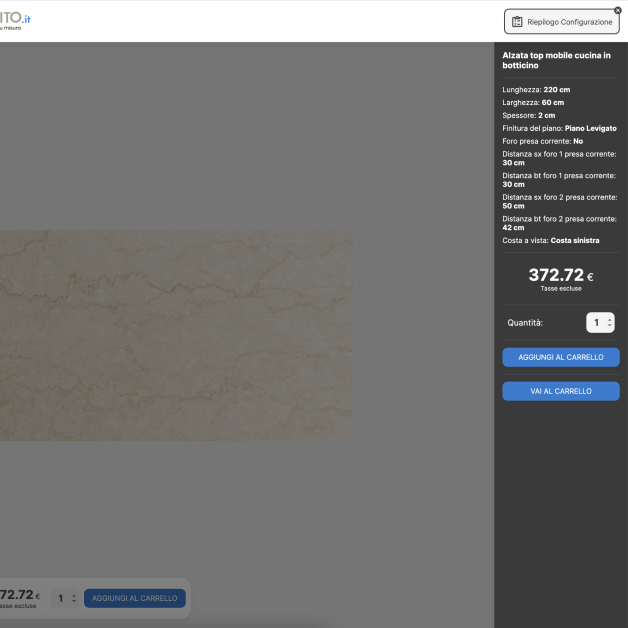 Screenshot prezzo totale Configuratore 3D per MarmoGranito e-commerce della pietra su misura che descrive visivamente il case study