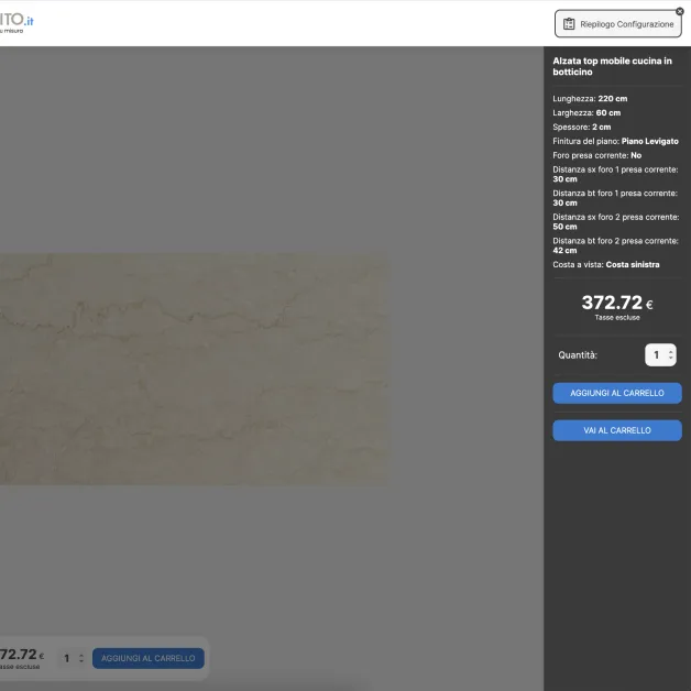 Screenshot prezzo totale Configuratore 3D per MarmoGranito e-commerce della pietra su misura che descrive visivamente il case study