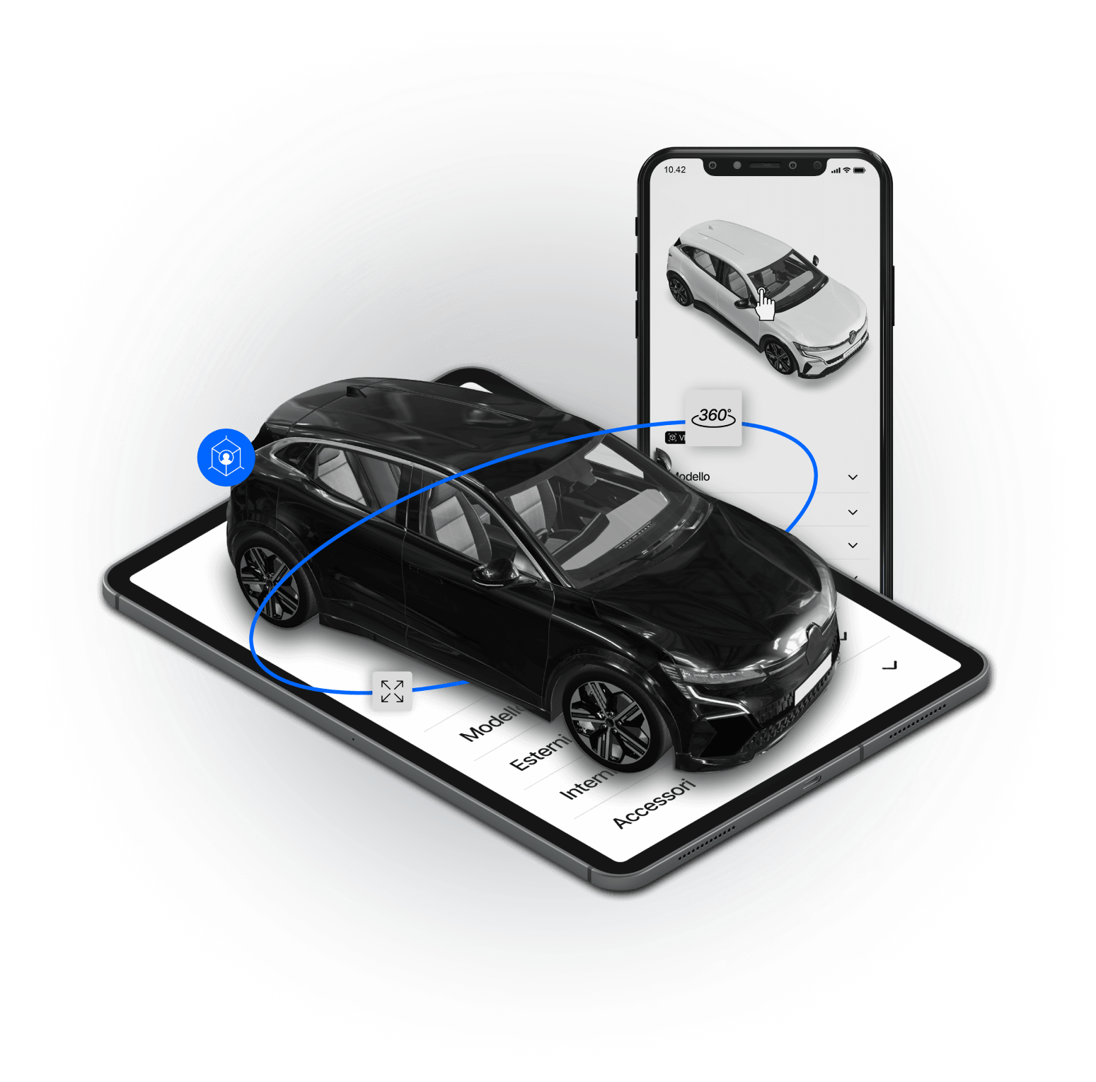 Immagine rappresentativa di Configuratore 3D per automotive: automobile presentata sopra schermo smartphone per mostrare resa finale più vera del reale