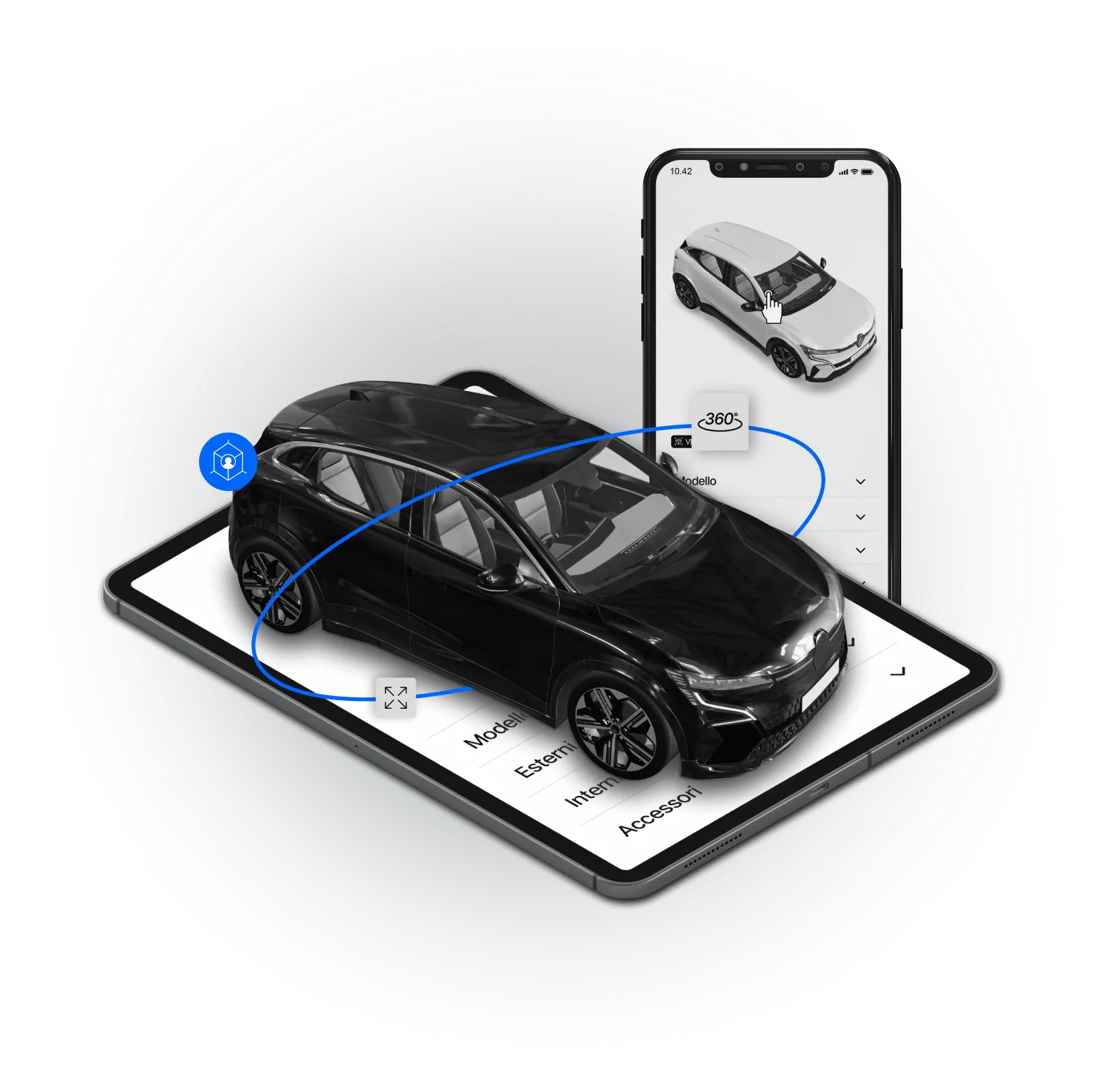 Immagine rappresentativa di Configuratore 3D per automotive: automobile presentata sopra schermo smartphone per mostrare resa finale più vera del reale