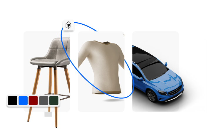 Immagine che descrive alcuni settori in cui opera Tredo: sgabello per arredamento, maglia maniche lunghe per abbigliamento, automobile blu per automotive con indicazione cambio colore