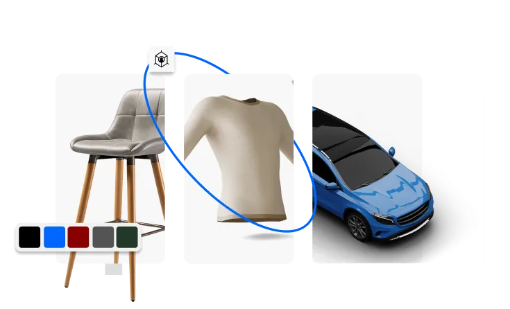 Immagine che descrive alcuni settori in cui opera Tredo: sgabello per arredamento, maglia maniche lunghe per abbigliamento, automobile blu per automotive con indicazione cambio colore