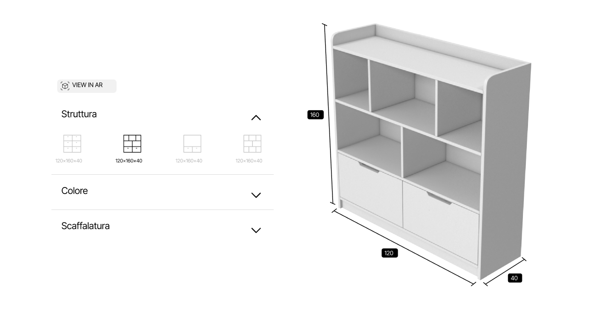 Immagine rappresentativa di Configuratore 3D per arredamento di scaffale con possibilità cambio struttura, colore e scaffalatura