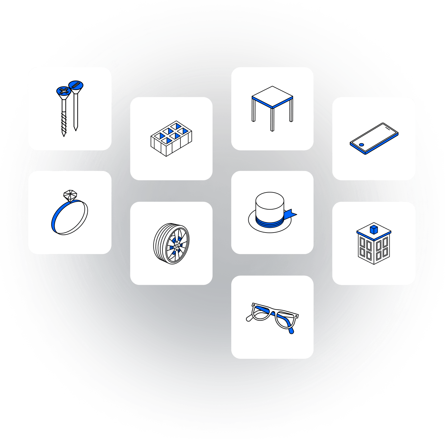 Icone che descrivono i settori per cui realizza Configuratori 3D e Visualizzatori 3D Tredo: Abbigliamento, Accessori, Architettura, Arredamento, Automotive, Beni di Consumo, Costruzione, Lusso e Retail, Manifattura