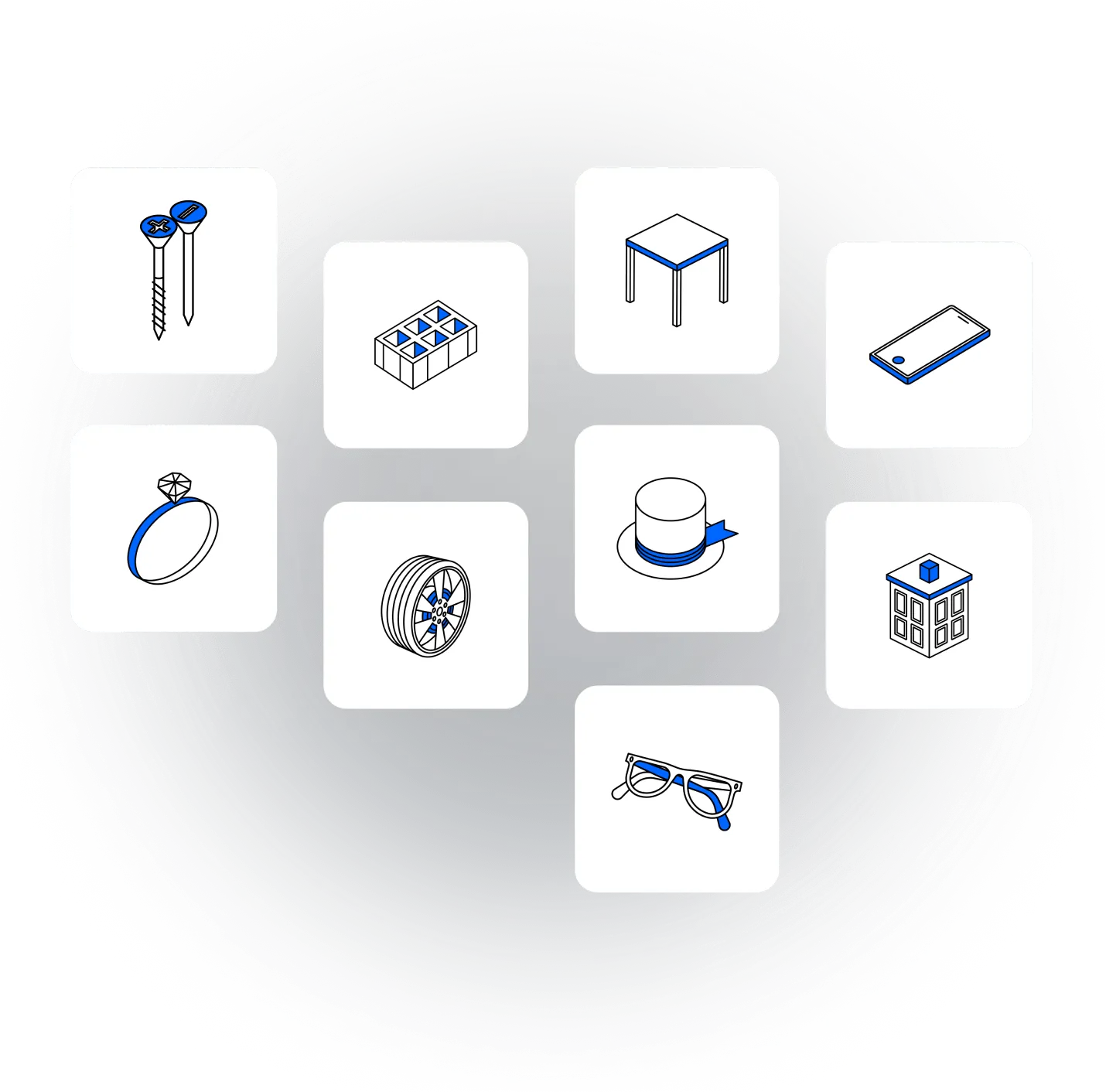 Icone che descrivono i settori per cui realizza Configuratori 3D e Visualizzatori 3D Tredo: Abbigliamento, Accessori, Architettura, Arredamento, Automotive, Beni di Consumo, Costruzione, Lusso e Retail, Manifattura