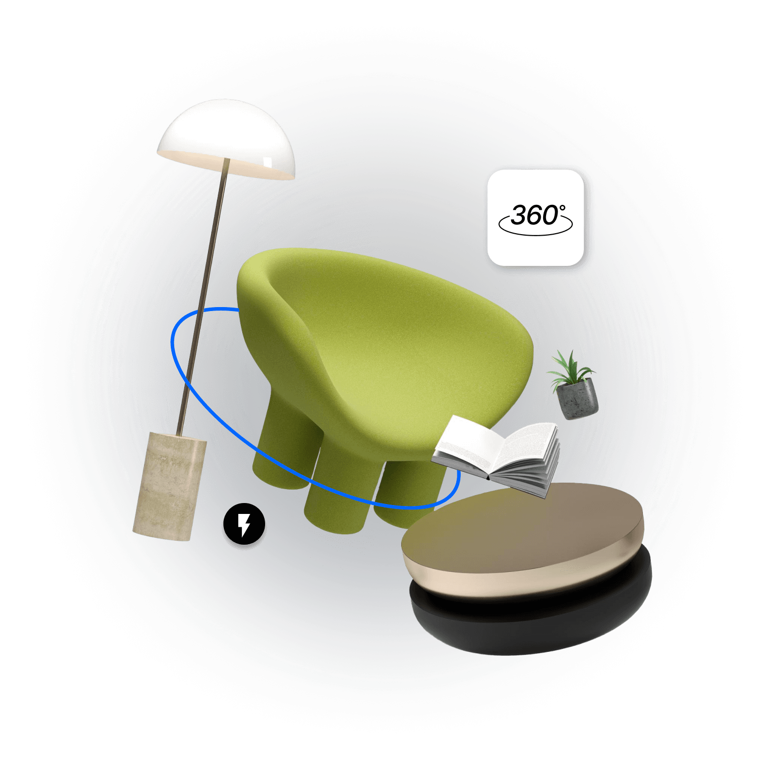 Immagine di Visualizzatore 3D per arredamento con rotazione di lampada divano pouf e accessori