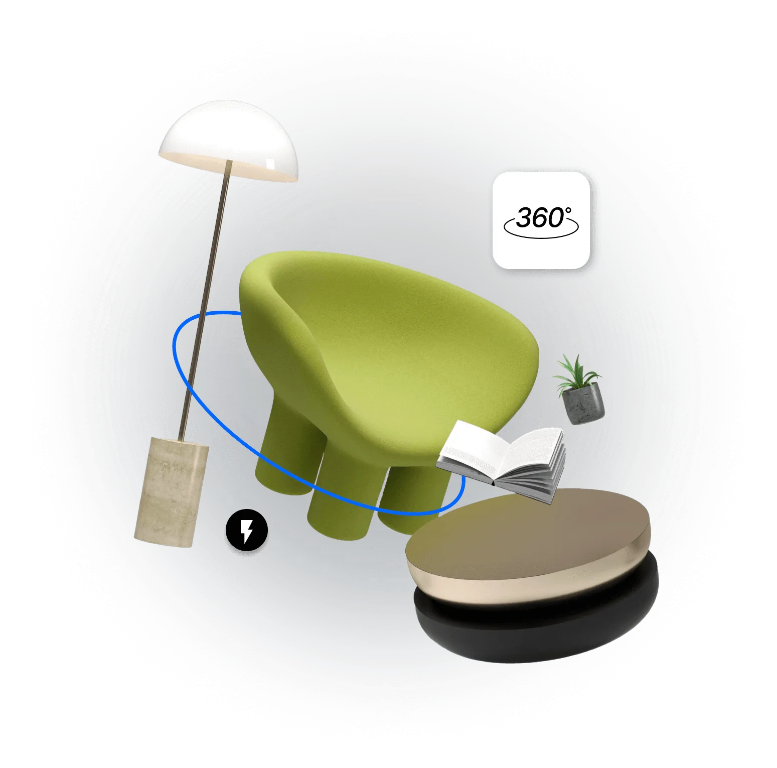 Immagine di Visualizzatore 3D per arredamento con rotazione di lampada divano pouf e accessori