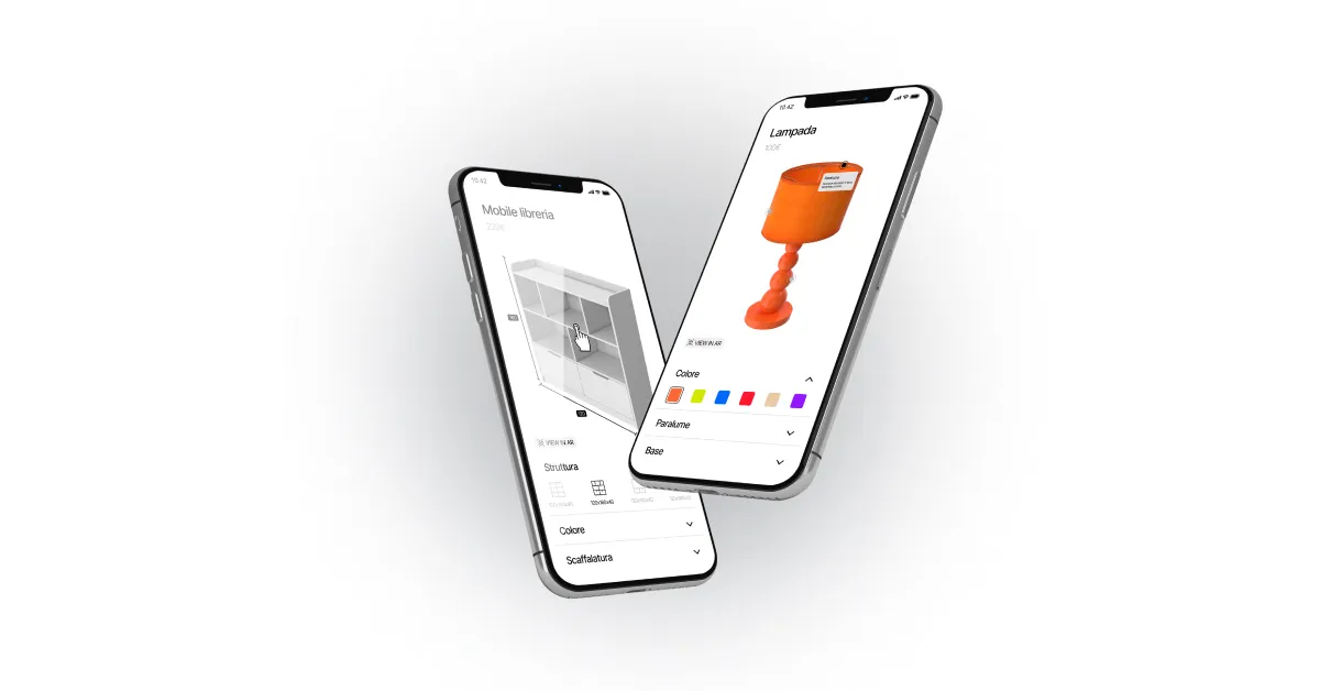 Immagine di Configuratori 3D di scaffale e lampada visibili da due smartphone
