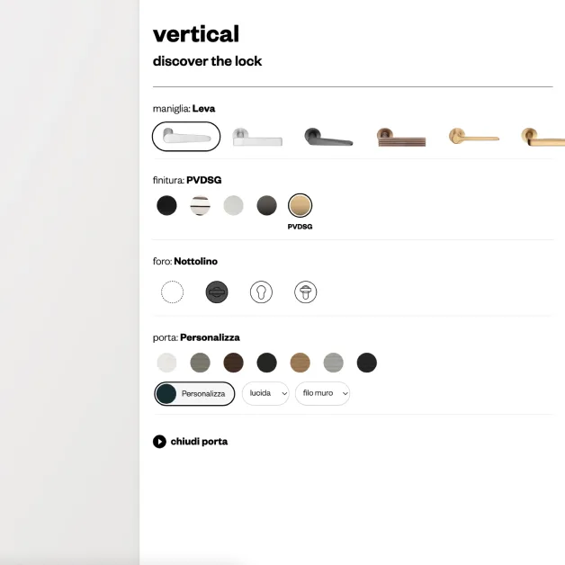 Screenshot opzioni Configuratore 3D per serratura Vertical di DND che descrive visivamente il caso studio